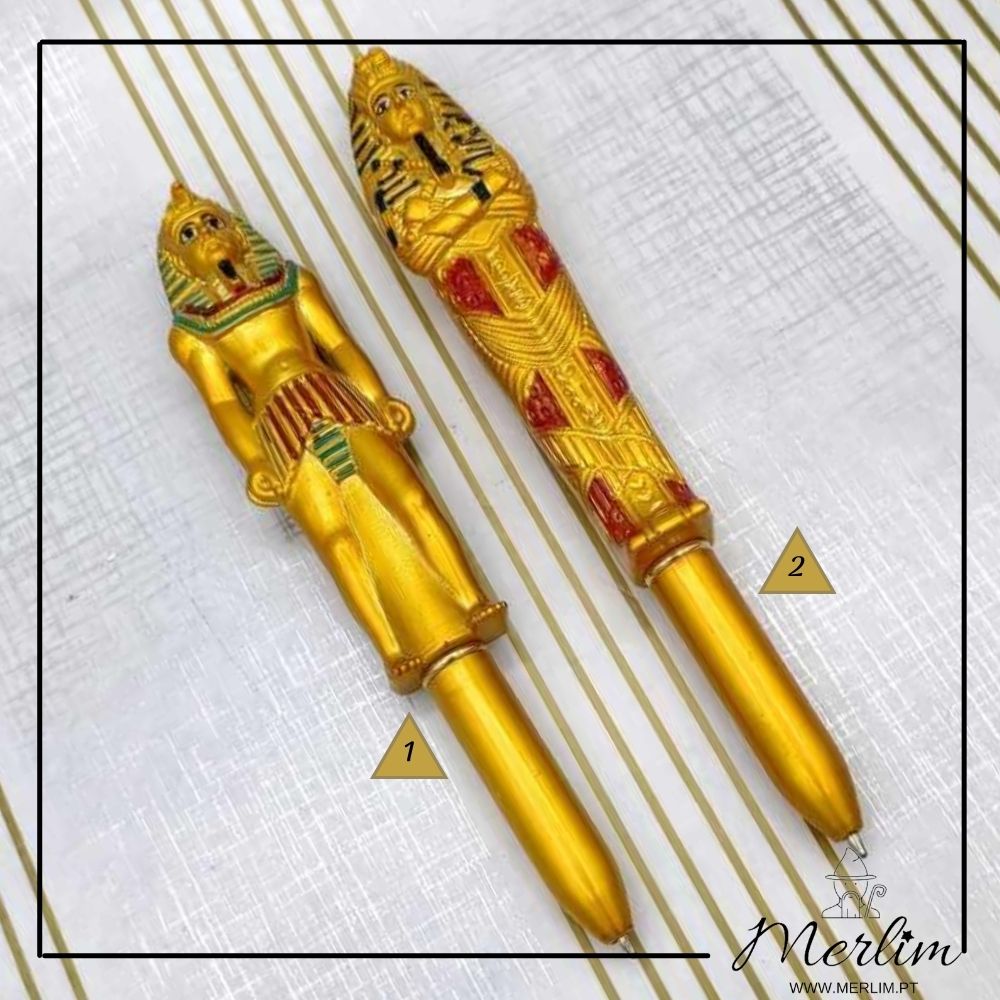 caneta ou esferográfica com figuras de decoração egipcia faraos e tutancamon
