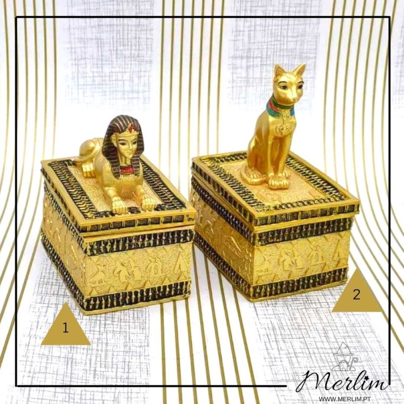 caixa ou guarda joias com esfinge tutancamon n1 ou bastet n2 decoração do egipto