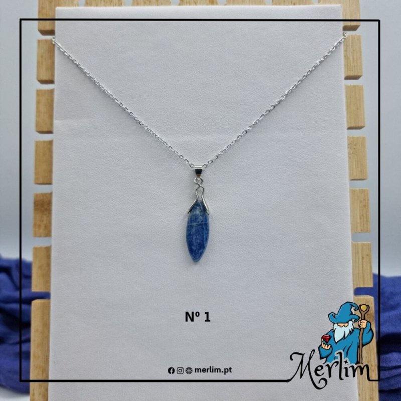 Nº1 colar pedra cianite azul polida, com presilha de metal ou Espada de S. Anjo Miguel