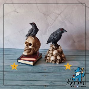 caveira resina com corvo em cima de pilha de crânios ou livros